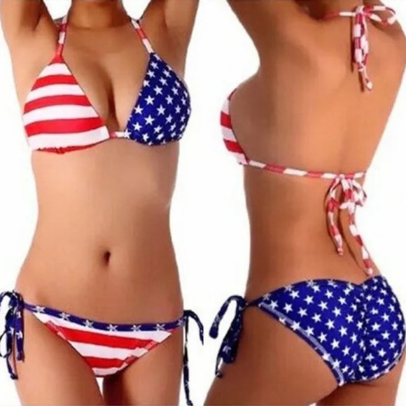American Flag Print Halter Triangle Bikini Swimsuit‎ - Sexy, 4th of July Party - Picture 1 of 11